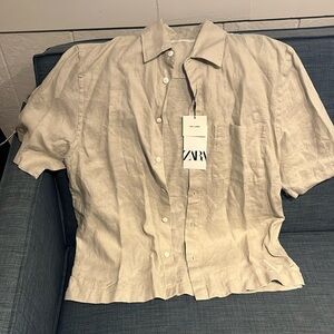 Zara men’s light beige linen button up casual dress shirt